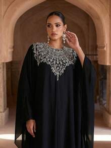 Abaya de gasa azul elegante, adornada con decoración plateada, de manga larga, adecuada como abaya, abaya de fiesta o vestido formal (corte holgado - consulte la tabla de tallas) - Negro - Ver 8