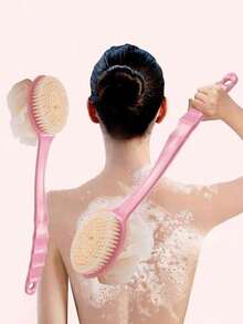 1pc Soft Plush Back Massager, Shower Brush, Home Back Scrubber, Soft Bristle Scrub Brush With Loofah, Hanging Shower Brush, Long Handle Back Scrubber Tool, Long Handle Shower Brush, Back Scrub Brush, Exfoliating, Unisex, Pink/Blue Long Handle Shower Brush, Multi-Function Back Exfoliating And Shower Cleaning Brush, Multi-Function Back Exfoliating And Shower Set, Shower Sponge - One Size - View 2