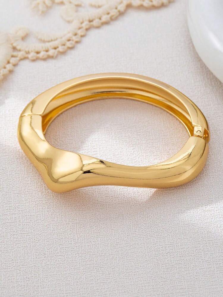 3pcs/Set Minimalist Geometric Asymmetrical Teardrop Thick Textured Gold-Tone Bangle Bracelet Set, Suitable For Women, Chunky Smooth Solid Metal And Zinc Alloy Material - Yellow Gold - View 7