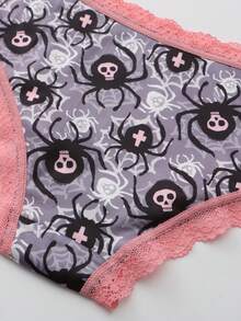 Dircho 5pcs Women's Sexy Cute Gothic Contrast Lace Bikini Panties - Allover Skull & Moon Print Silky Soft Comfy Intimates Underwear, Stretch Breathable Elastic Waist Lightweight Daily Lingerie Set - Multicolor - View 11