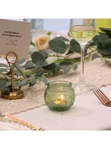 6个3D绿色向日葵玻璃烛台，光滑表面，桌面装饰烛台，复古玻璃烛台，适合家居和婚礼装饰，复古玻璃烛台，派对餐桌中心装饰玻璃烛台 - 彩色 - 查看 10