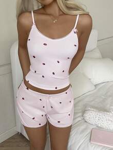 GAOVOT 2件套女士性感Y2K草莓印花吊带背心和宽松短裤睡衣套装，可爱休闲，适合夏季，情人节完美之选 - 粉色 - 查看 6