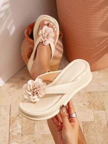 Women's Fashion Wedge Heel Slip-On Sandals, Casual Beach Vacation Slippers - Apricot - View 2