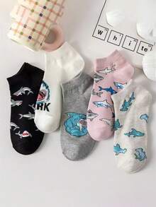 5 Pairs Women's Shark Theme Socks - Korean Style, Cute Low-Cut Ankle Socks And Casual Styles - Multicolor - View 2