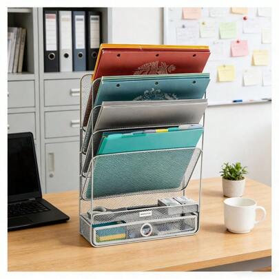 Space-Saving Silver Metal Mesh File Organizer – 4-Tier Vertical For US Home Offices & Workspaces