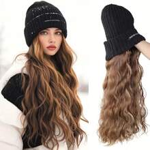 22Inch Knit Cap Wig With Lettering Long Curly Highlighted Wavy Wig Cap - Multicolor - View 1