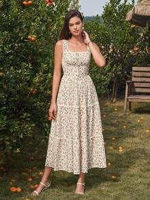 PARTHEA 夏季休闲碎花无袖连衣裙 - 杏色 - 查看 3