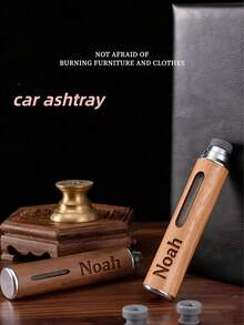 【定制款】定制雕刻车载便携式烟灰缸，耐热木质设计，可印制姓名，适用于粗细香烟，防溢漏，车载家用两用，小巧便携，商务礼品及个人使用皆宜，木纹+金属包边，经久耐用，易于清洁 - 彩色 - 查看 5