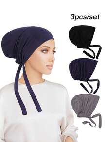 FADZOYLE 1pc/3pcs Women Solid Color Under Scarf Hat Hijab Drawstring Adjustable Undercap Islamic Muslim Under Scarf Hijab Cap With Tie-Back Closure Daily Wear Headband Soft Abaya Women Veil - Multicolor - View 24