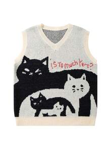 Autumn Winter Funny Cat Jacquard Embroidered Letter V-Neck Sleeveless Vest, Minimalist College Style Casual Loose Fit Unisex Knitted V-Neck Pullover Sweater Top - Apricot - View 2