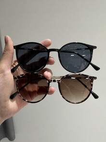 2pcs Plastic & Metal Round Full-Frame Gradient UV Protection Glasses, Modern Minimalist Style For Women, Suitable For Driving, Street Photography, Vacation Outfits, Family Outings, Essential Summer Accessory, Fits All Face Shapes - 2pcs 黑灰白豹紋 - 查看 5