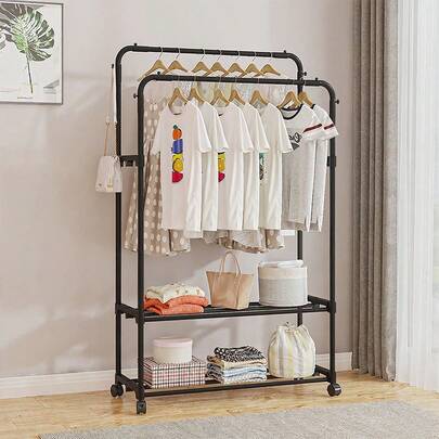 LIVINGANDHOME Living And Home  Sturdy Metal Clothes Rack Double Rod Design With Side Bars Hooks For Garments Towels Bags Storage Holiday