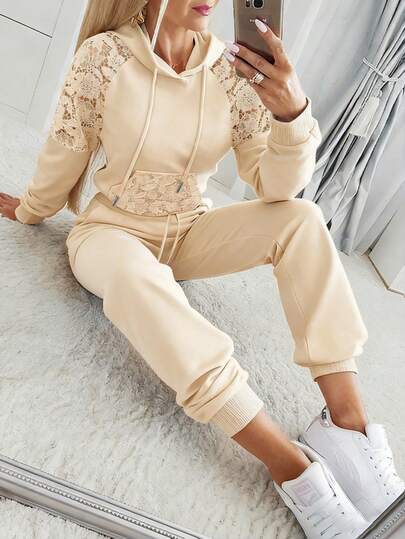 ChicMe Women's 2 Pieces Set: Lace Patchwork Drawstring Kangaroo Pocket Hoodie And Drawstring Elastic Waist Jogger Pants, Casual Street Wear