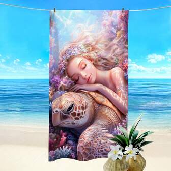 1 st strandhandduk med sjöjungfru- och havssköldpaddstryck, supermjuk rektangulär strandfilt i mikrofiber som torkar snabbt, lätt bomullsstrandmatta, lämplig för utomhusresor, camping, strand, badrum, vår/sommar/höst, strandnyttigt