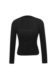 Sexy Black Long Sleeve Fitted T-Shirt For Women, Chic & Versatile Autumn Pullover Top