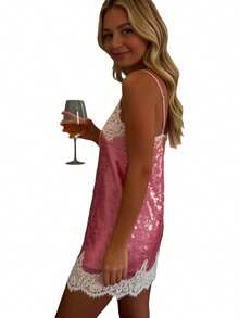 Women Y2k Sequin Mini Dress Sparkly Sleeveless Lace Trim V Neck Slip Short Dresses Glitter Going Out Clubwear - Hồng - Xem 4