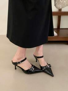 Women's Pointed Toe Slip-On Mule Pumps, High Heel Leather Belt Buckle Stilettos, Fashion Backless Slides, Spring/Summer - Black - View 2