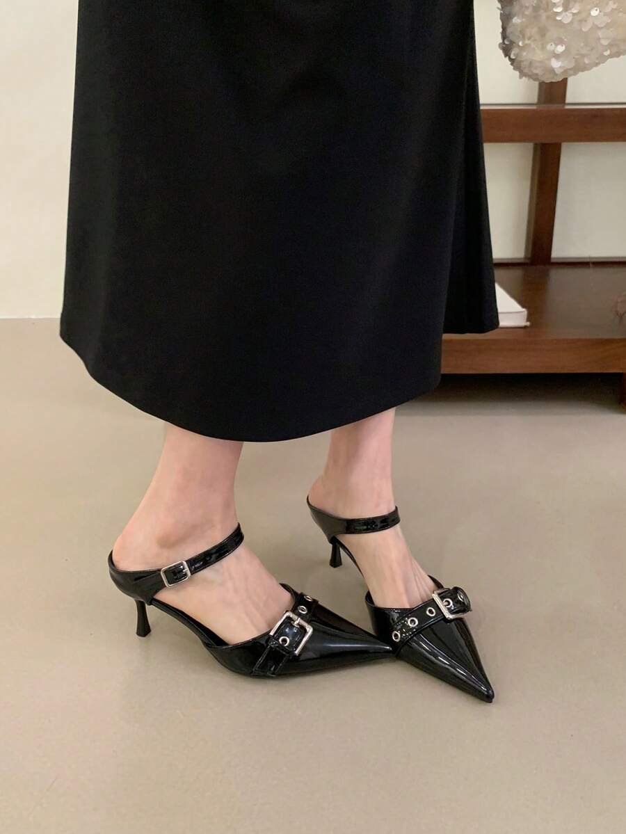 春夏新款女式尖頭雙扣一腳蹬拖鞋，百搭戶外穿著高跟穆勒鞋 - 黑色 - 查看 1
