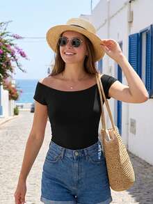 Women Dot Print Summer Tops Off Shoulder Short Sleeve Crop Slim Fit Shirts For Daily Office Party - Black - View 5