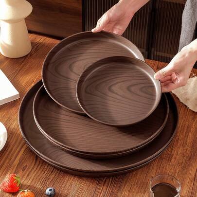 1pc Wooden Grain Round Serving Tray, Can Be Used To Hold Plates Or Cups With Food, Fruits, Coffee, Tea, Desserts, Breakfast, Western Dishes, Ramadan Dishes
