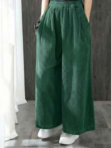 女士高腰阔腿灯芯绒裤，宽松直筒休闲裤，百搭橄榄绿，适合所有季节春季穿着 - 墨綠色 - 查看 6