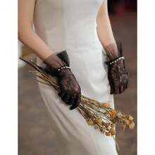 Short Lace Mesh Gloves Tulle Border With Pearls Wedding Opera Tea Party Gloves For Women Formal,OneSize,Black - Black - View 3