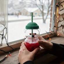 Mini Bear Shaped Glass Cup With Green Cap Lid And Straw - Transparent Cute Bear Shaped Drinking Cup, Suitable For Home And Office Use, 2025 Christmas Gift, Reading Cup, Holiday Gift, Fun Drinkware, Durable Glass Ware - Multicolor - View 6