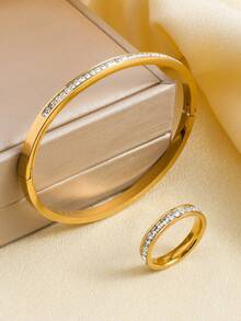 1 Set Fashionable Luxurious Diamond Women's Bracelet Set, Includes 1 Rust-Resistant Golden Color Diamond Bracelet And 1 Stainless Steel Ring, Suitable For Women's Daily Wear, Parties, Birthdays, Weddings, Music Festivals, Dates, Anniversaries, And As A Gift For Women - Gold - View 4