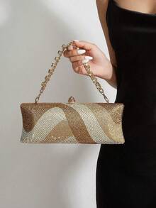 Long Form Glitter Bling,Shiny Glamorous,Elegant,Exquisite Rhinestone Decor Box Bag Glamorous Handbag,Evening Bag For Party Girl,Woman,For Female Perfect For Party,Wedding,Prom,Dinner/Banquet,Best Gift For Women,Purses And Bags Women,Bags For Women,Crossbody Bags For Women,Monedero,Handbag,Wallets For Women,Bolsos Para Mujer,Valentine's Day,New Year - 金色 - 查看 1