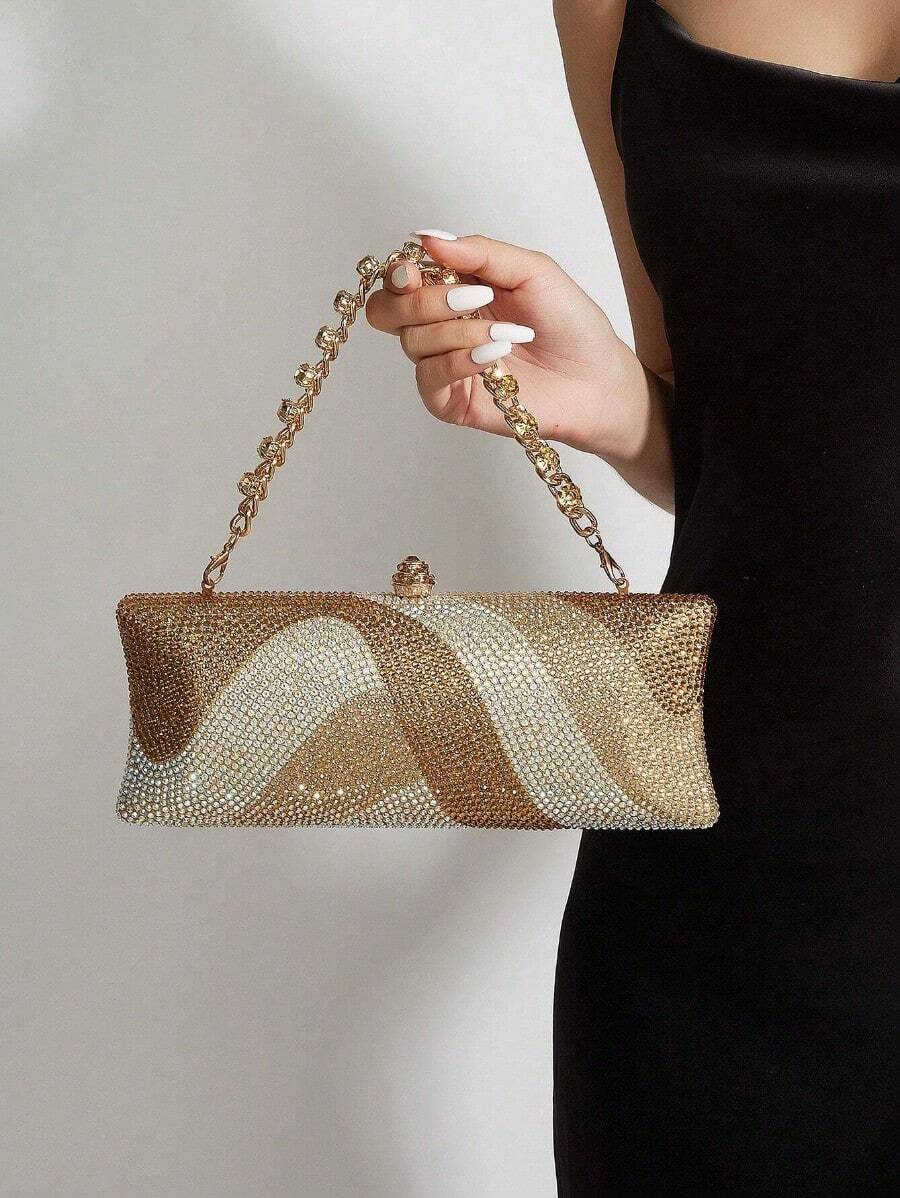 Long Form Glitter Bling,Shiny Glamorous,Elegant,Exquisite Rhinestone Decor Box Bag Glamorous Handbag,Evening Bag For Party Girl,Woman,For Female Perfect For Party,Wedding,Prom,Dinner/Banquet,Best Gift For Women,Purses And Bags Women,Bags For Women,Crossbody Bags For Women,Monedero,Handbag,Wallets For Women,Bolsos Para Mujer,Valentine's Day,New Year - 金色 - 查看 1