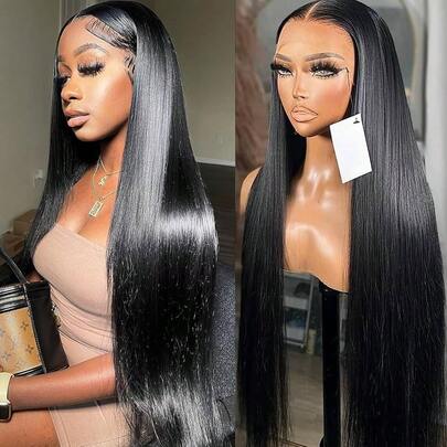 32" Black Long Straight Glueless 4x4 Pre Cut Lace Front Closure Wig Short Bob Straight Hair No Glue Needed Ready To Go Heat Resistant Fiber Mixed Human Blended Hair Wig With Baby Hair 180% Density For Women