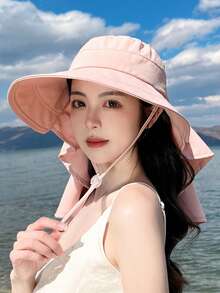 1顶韩式宽檐遮阳帽，配有可拆卸披肩，优雅波西米亚风格设计，轻盈透气的涤纶面料，UPF 50+ 防紫外线，全天舒适佩戴 - 彩色 - 查看 8