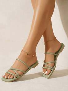 Women's Open Toe Criss-Cross Strap Flat Sandals, Fashionable Solid Color Outdoor Slide Slippers - Green - View 4