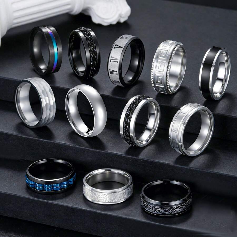 12pcs Stainless Steel Spinner Rings Set, Unisex, Stylish Helps Relieve Anxiety, Minimalist Design, Suitable For Wedding Or Engagement Occasions - 12 Men's Rings - View 1
