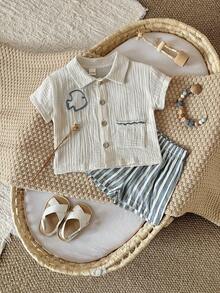 2pcs/Set Baby Boy Embroidered Fish Cotton Shirt + Striped Shorts, Spring/Summer - Apricot - View 4