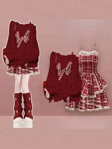 Red Christmas Sweater + Red Suspender Skirt