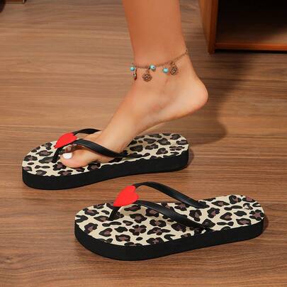 26 Chanclas con suela gruesa de estampado de leopardo retro, decoración de corazón, casual, adecuadas para la playa, vacaciones, uso diario, Día de San Valentín, escapada con la novia