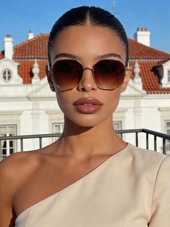 Women's Classic Retro Polygonal Metal Frame Sunglasses Shades, Fashion Glasses For Beach Vacation & Casual Daily Outfits