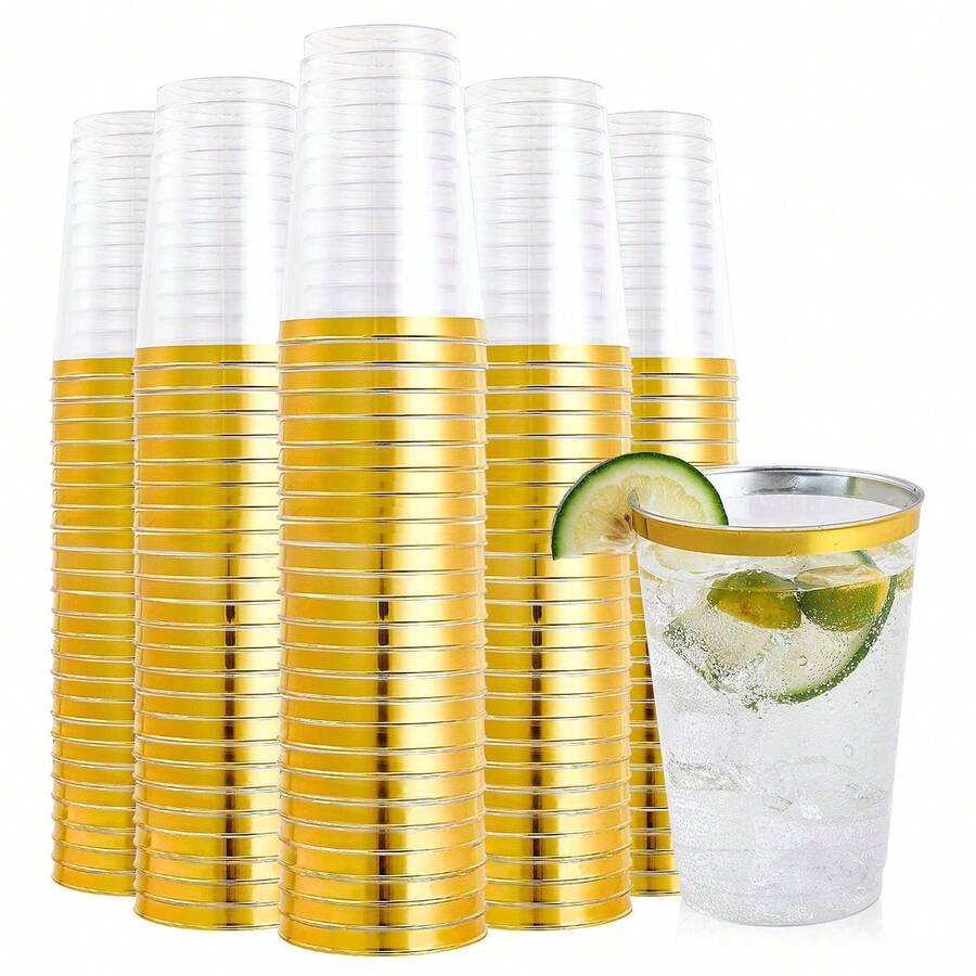 200Pcs 12 Oz Gold Rim Clear Plastic Cups - Heavy-Duty Fancy Disposable Tumblers | Elegant Party & Wedding Tableware - Vàng - Xem 1