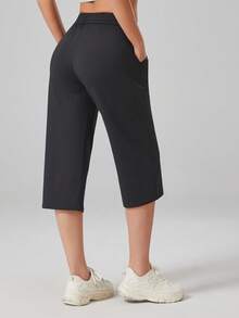 Women's High Waist Nylon Mesh Breathable Loose Fit Capri Pants With Side Pockets, Casual Sports Jogger Pants - Black - View 6