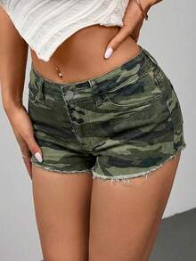 Low-Waist Camouflage Straight Mini Denim Shorts - Army Green - View 1
