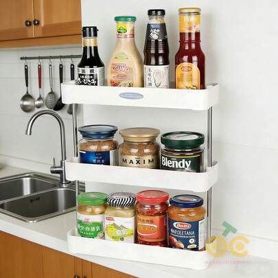 Estante de almacenamiento blanco de tres niveles de plástico de 1 pieza, estante de almacenamiento multifuncional, ahorrador de espacio y organizador, estante de especias, adecuado para encimera de cocina, encimera de fregadero y almacenamiento de tocador de baño, a prueba de humedad, no requiere perforación