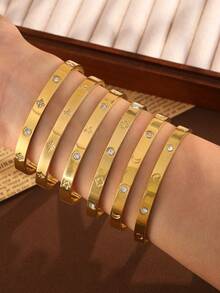 1 Peça Conjunto de Pulseiras Banhadas a Ouro em Aço Inoxidável à Prova d'Água com Estrela, Lua, Coração, Trevo de Quatro Folhas - A Escolha Perfeita para o Uso Diário, Escritório, Festa, Encontro, Presente de Aniversário de Mulheres da Moda - Dourado - Visão 1
