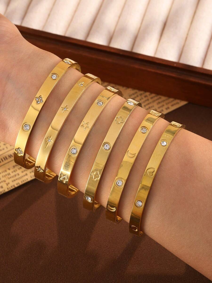 1 Peça Conjunto de Pulseiras Banhadas a Ouro em Aço Inoxidável à Prova d'Água com Estrela, Lua, Coração, Trevo de Quatro Folhas - A Escolha Perfeita para o Uso Diário, Escritório, Festa, Encontro, Presente de Aniversário de Mulheres da Moda - Dourado - Visão 1