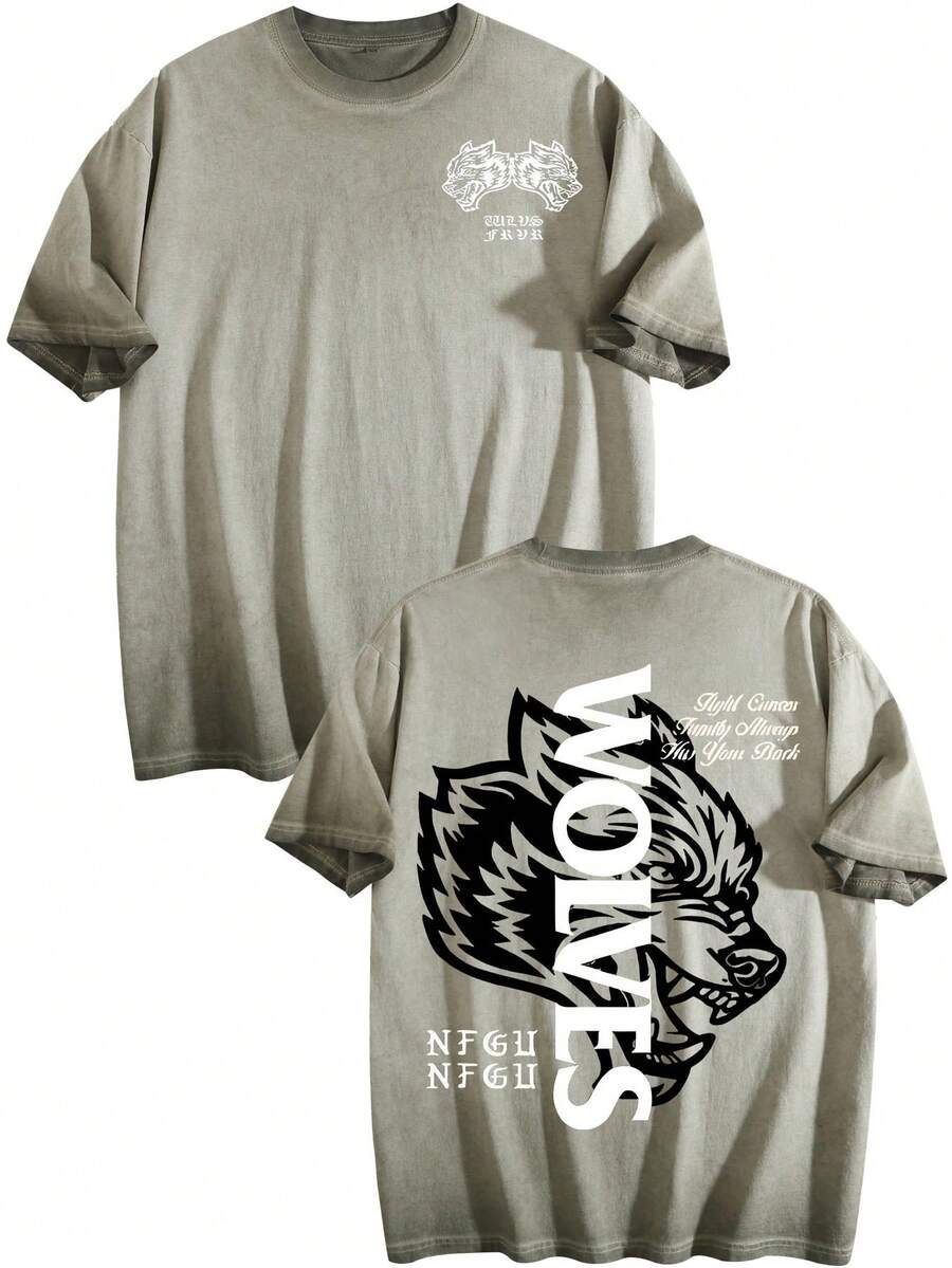 "Unisex Washed Wolf Graphic Tee - Soft Comfort, Distinct Print, Daily Casual Wear" - 髒洗軍綠色 - 查看 1