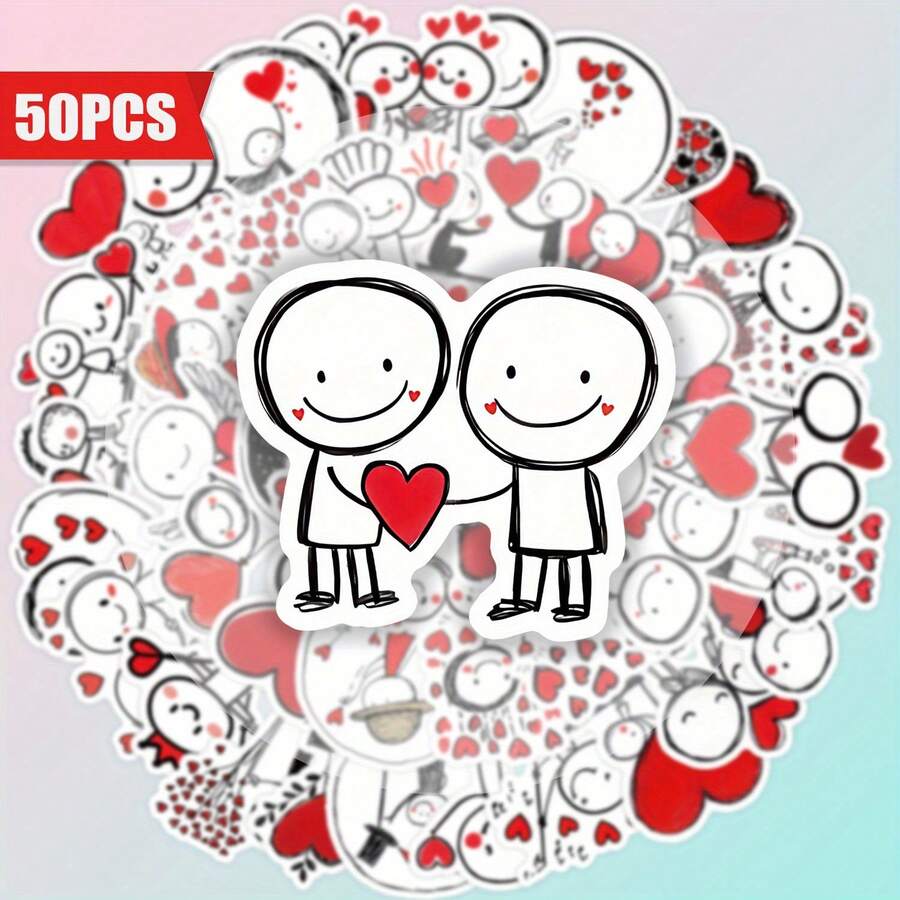 A Set Of 50 Fun Heart - Themed Stickers, Featuring Matte Finish And Simple Stick - Figure Designs With Heart Elements. These Adorable Heart - Shaped Stickers Radiate A Cheerful Atmosphere, Highlighted By Whimsical Heart Patterns And Colorful Clover Motifs. They Are Perfect For Decorating Laptops, Mobile Phones, Guitars, Water Bottles, Cars, Tablets, Suitcases And Musical Instruments - An Ideal Choice As Party Favors. - Multicolor - View 1