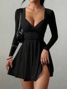 Sexy Fashion V-Neck Ruched Waist Ruffle Hem Long Sleeve Mini Dress, Spring/Summer New Arrival Black - Black - View 2