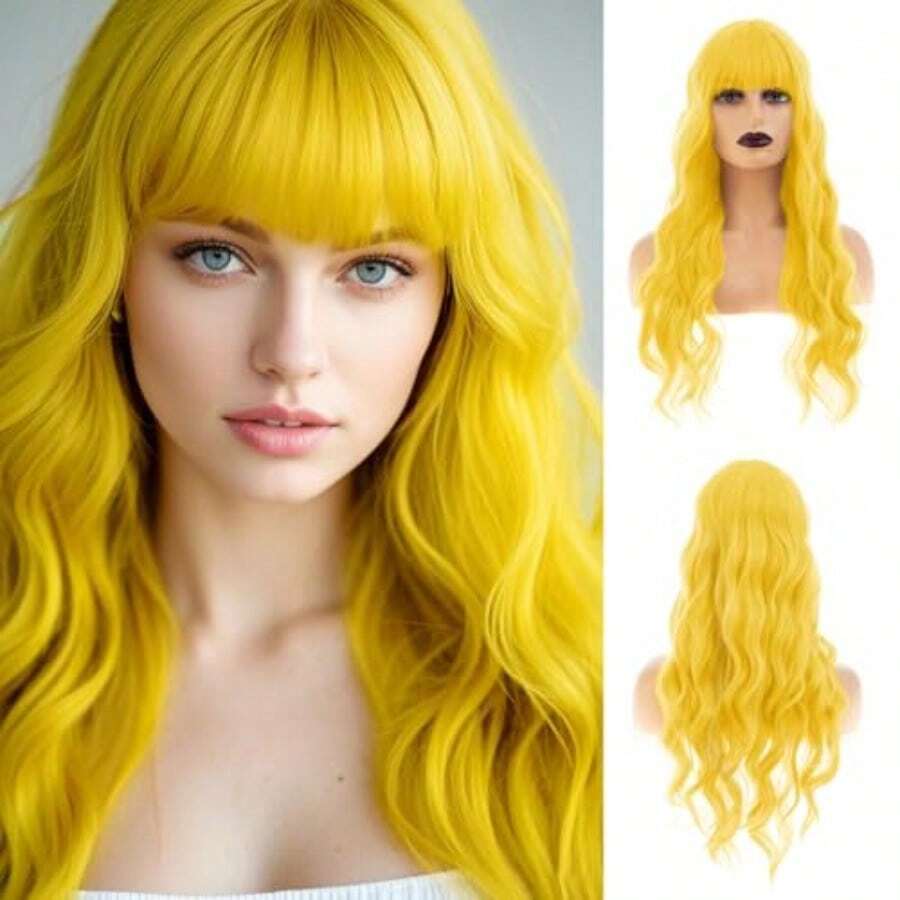DWomens Long Curly Wavy Yellow Wigs With Bangs Cute Colorful Cosplay Custome Halloween Synthetic Wigs - 黃色的 - 查看 1