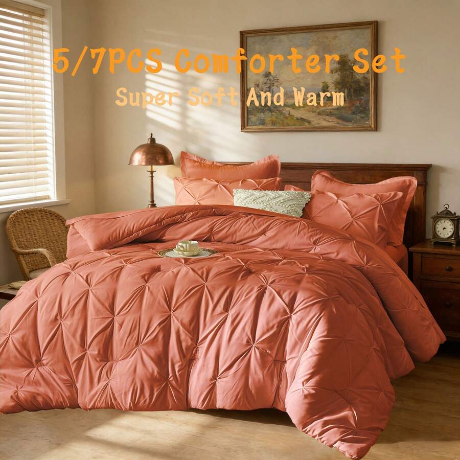 5/7pcs Modern Minimalist Bed Comforter Set, 100% Microfiber Soft Breathable Winter Bedding Set, Comfortable And Warm, Include 1 Comforter+1 Flat Sheet+1 Fitted Sheet+1/2 Pillowcases+1/2 Pillowshams,All-Season, Bed In A Bag,Wonderful Room Decor,Christmas Gift - Burnt Orange-BZ74 - 查看 1