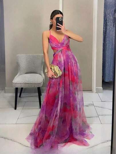 Vestido De Mujer Nuevo Estilo De Malla Vestido Halter Estampado Vacaciones Vestido Largo Casual